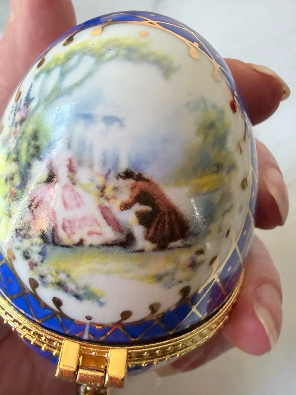 Blue Decorative Porcelain Egg Trinket Box with Gold Accents